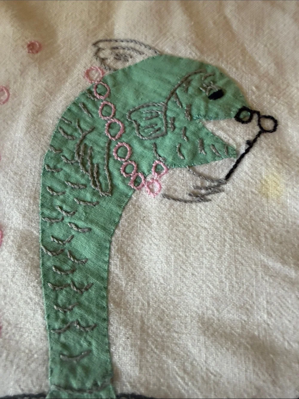 White Kitchen Towel with Green Fish Illustration and Pink Trim